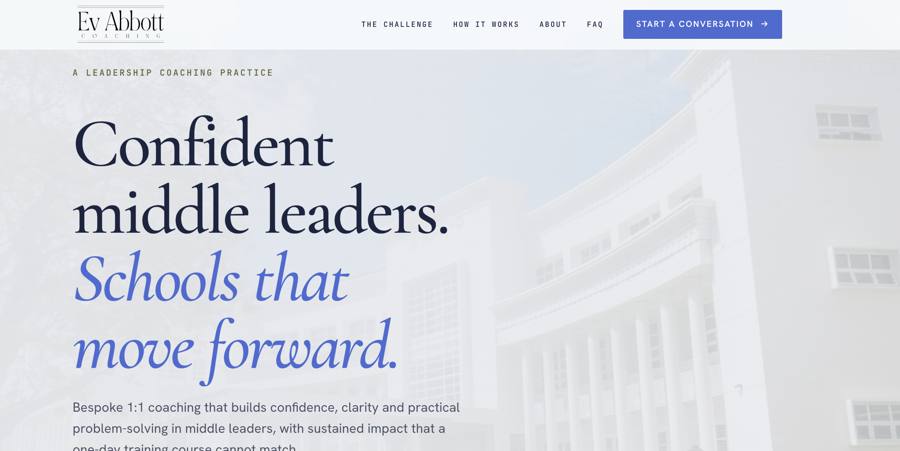 Ev Abbott Coaching website with blue accents and a headline for middle leaders