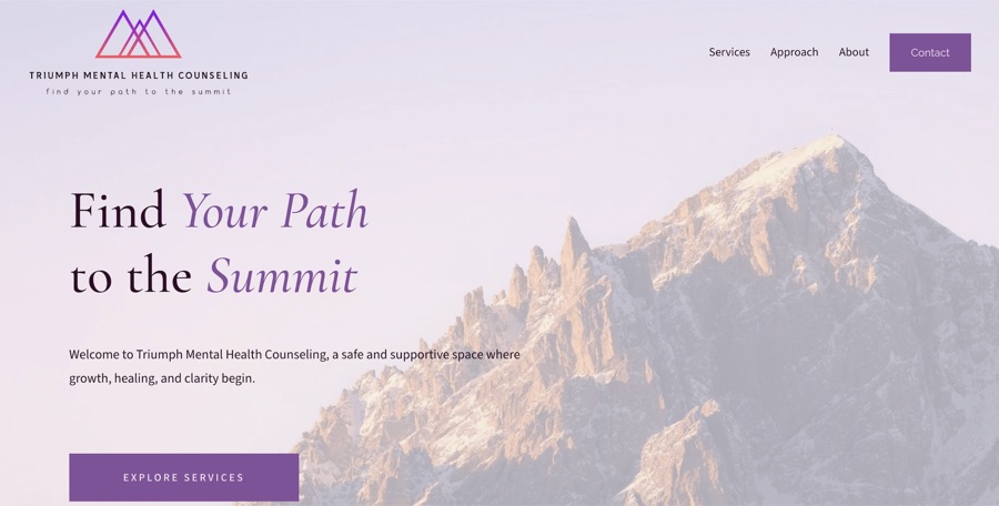 Triumph Mental Health website with mountain imagery and purple typography