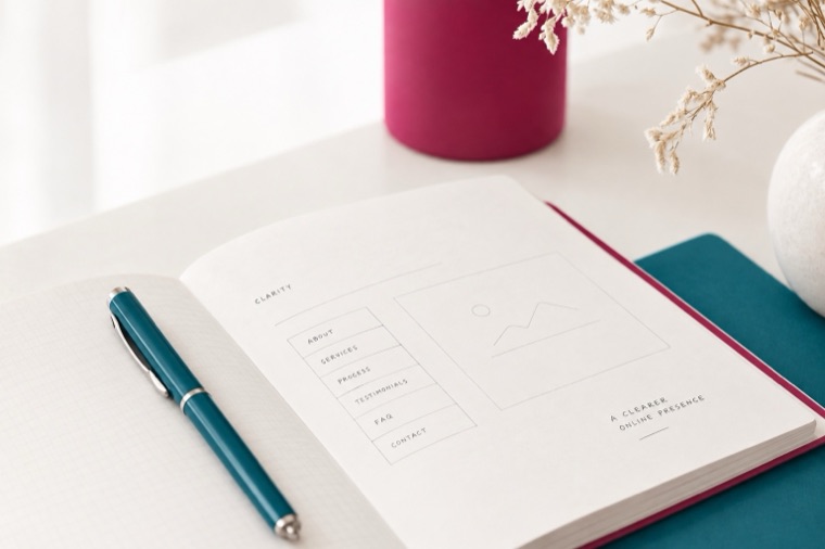 An open website planning notebook with a teal pen and raspberry vase.